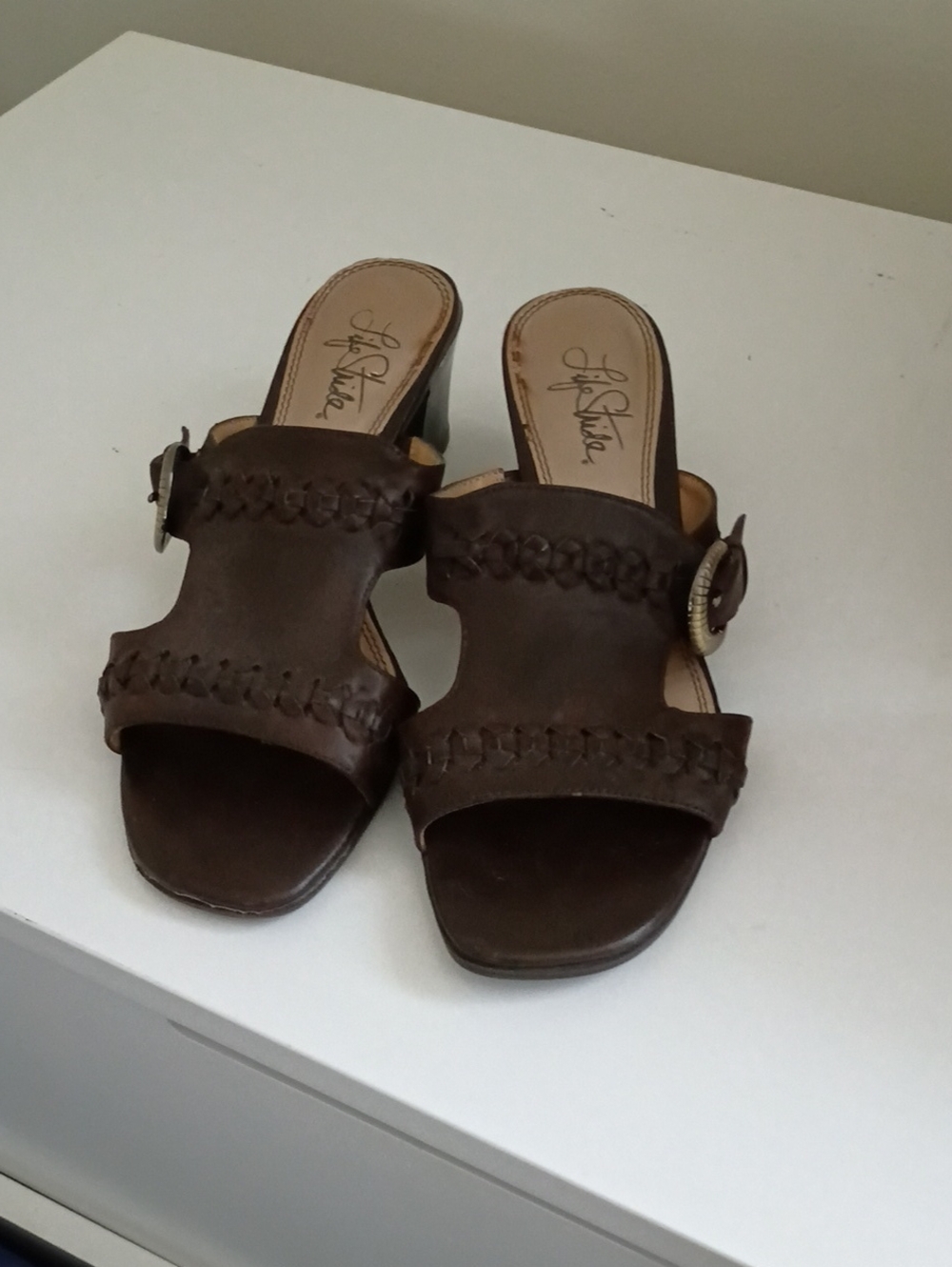 Life Stride Dark Brown Braided Leather Slide Mules with Buckle